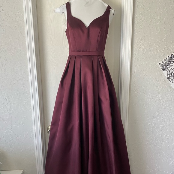 B.darlin (Dillards) Burgandy Satin Ballgown with pockets - Picture 3 of 5